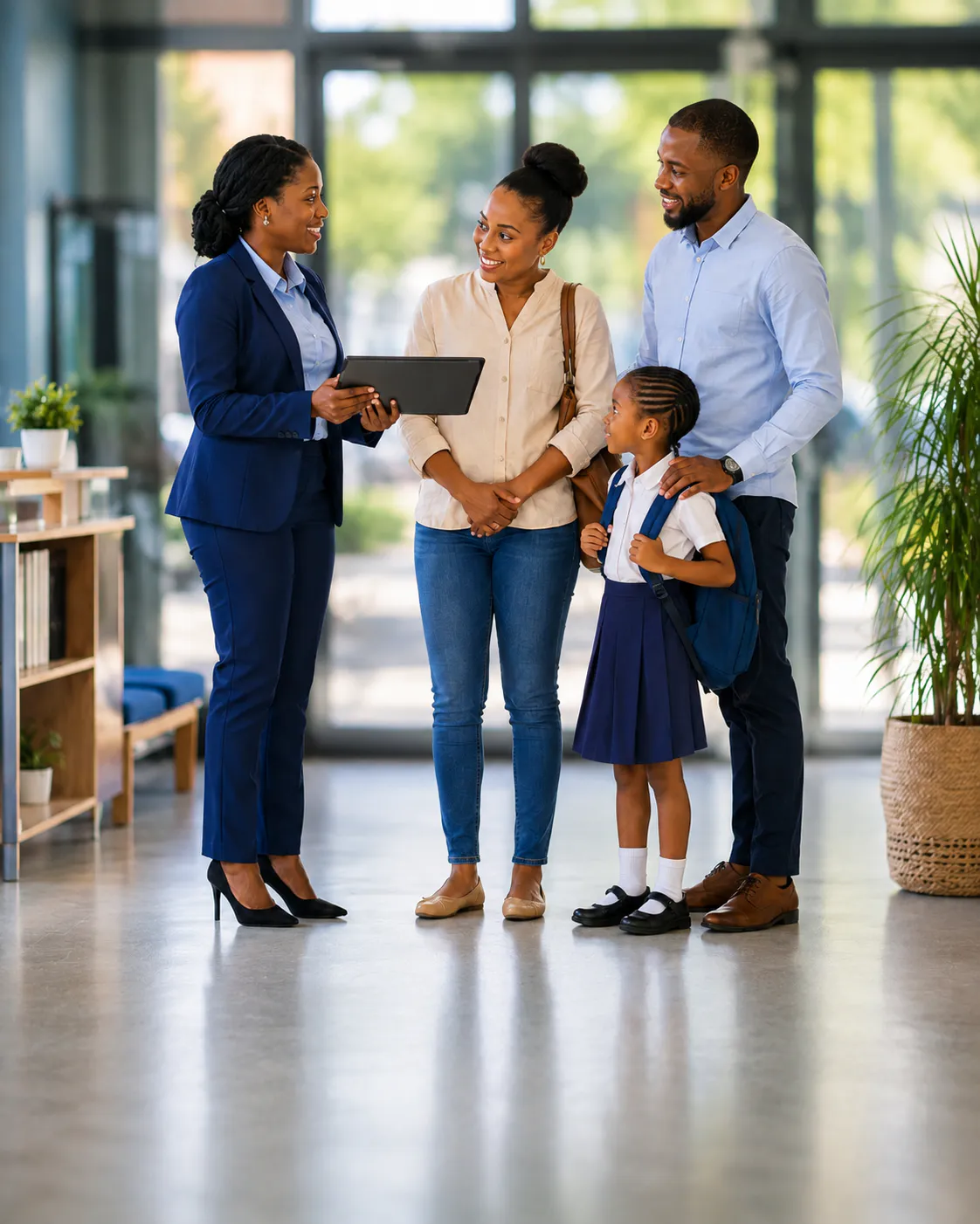 Représentante scolaire échangeant avec une famille